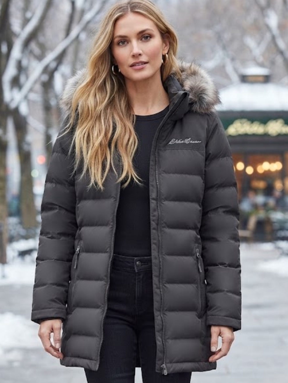 Eddie Bauer Women's Hooded Puffer Coat in Charcoal with Faux-Fur Trim